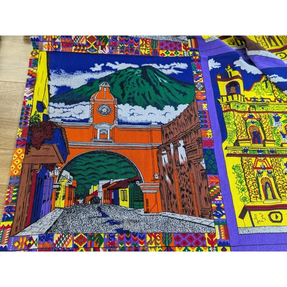 Vintage Guatemalan Fabric Tablecloth San Andres Xecul Church Folk Art 60x96